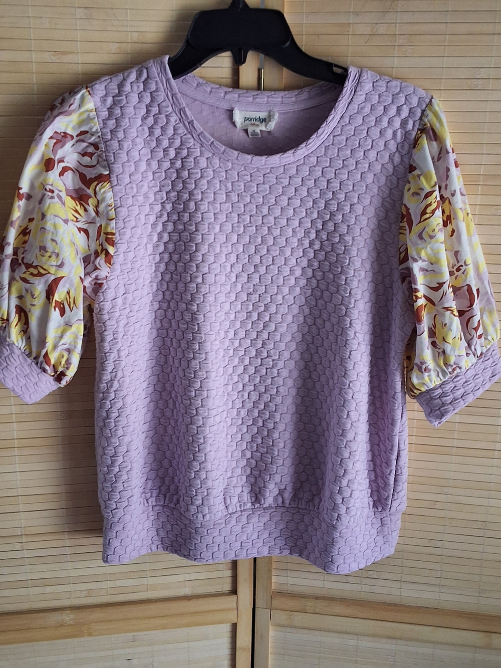 Porridge By Anthropologie Lavender Textured Puff-Sleeve Top with Floral Sleeves